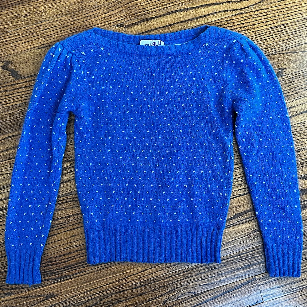 blue knit sweater with heart embroidery - TruBlu